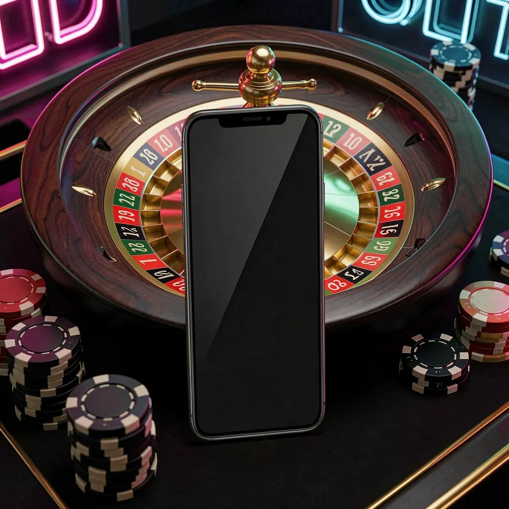BC8 mobile casino application scene featuring a phone in the center with a roulette wheel and poker chips in the background, illuminated by glowing neon lights in a premium black and gold style