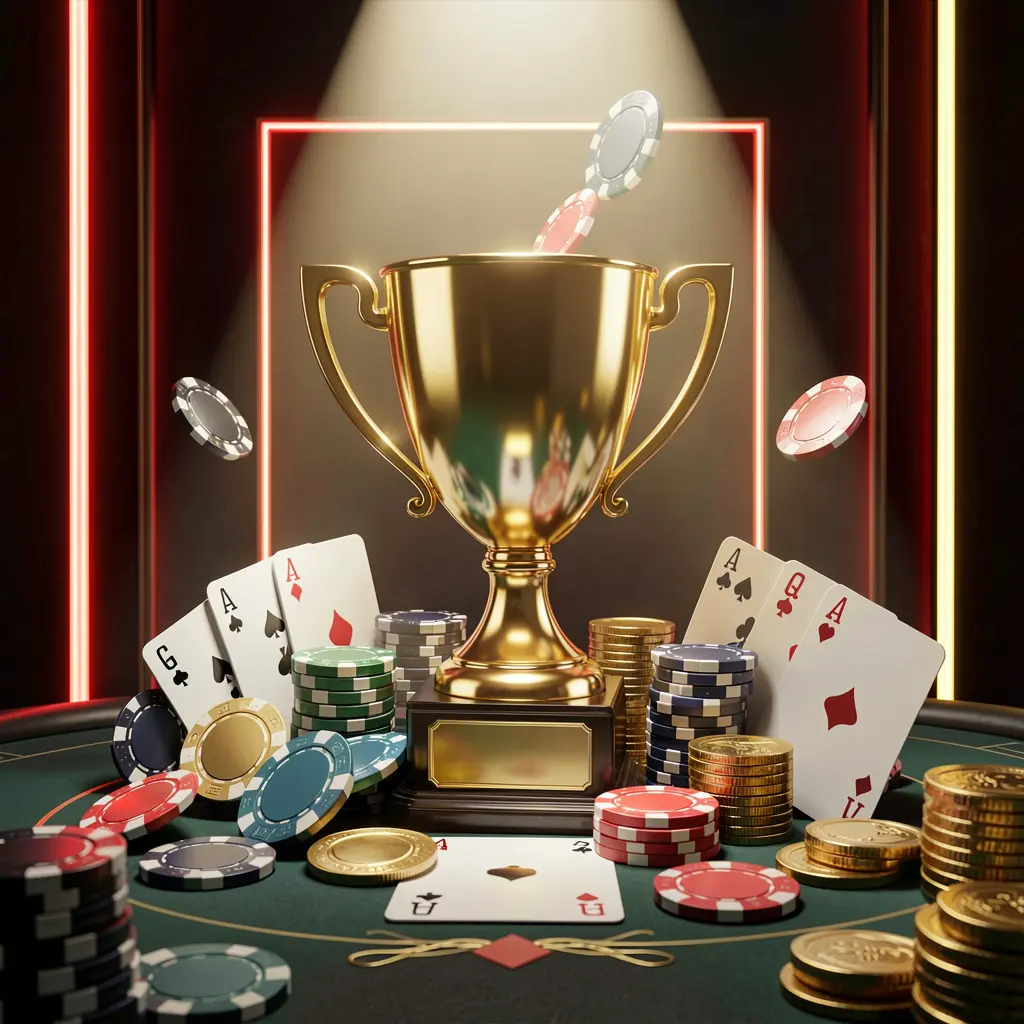 BC8 casino tournament bonus concept featuring a golden trophy surrounded by poker chips, playing cards, and coins under a bright spotlight with red and gold neon accents in a luxurious casino setting