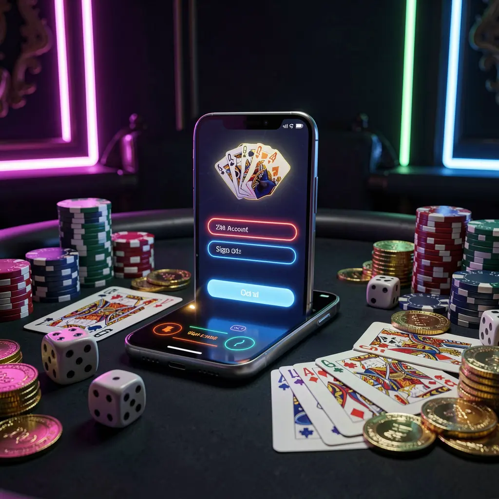 BC8 casino account sign in scene with a glowing smartphone on a casino table surrounded by cards, chips, dice, and gold coins, set against an elegant dark background with neon highlights in a realistic 3D render