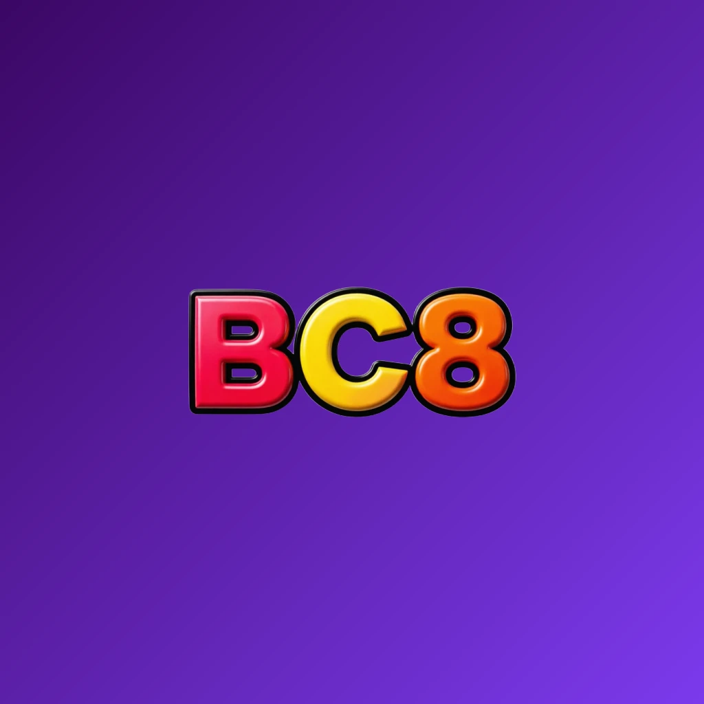 Vibrant BC8 logo design featuring bold heavy typography in bright red, yellow, and orange with a glossy 3D effect on a transparent background, displayed as a wide horizontal rectangular wordmark logo ideal for a website header.