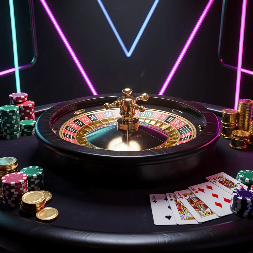 BC8 online casino homepage hero banner featuring a luxury casino table with a roulette wheel, poker chips, playing cards, and golden coins on a dark premium background with neon glow in a cinematic 3D render